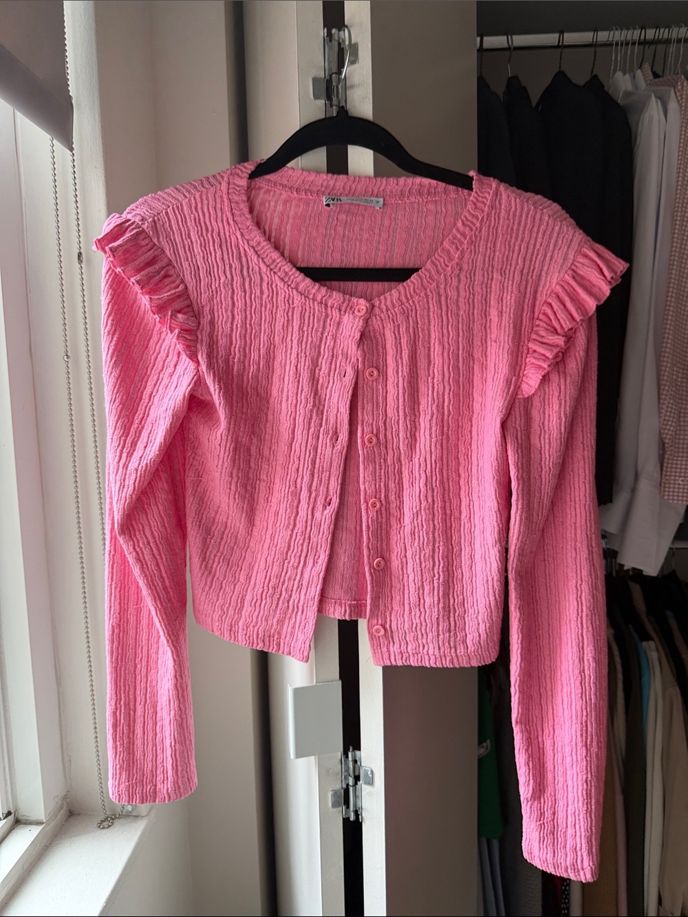 Zara Pink Ruffled Sleeve Textured Cardigan